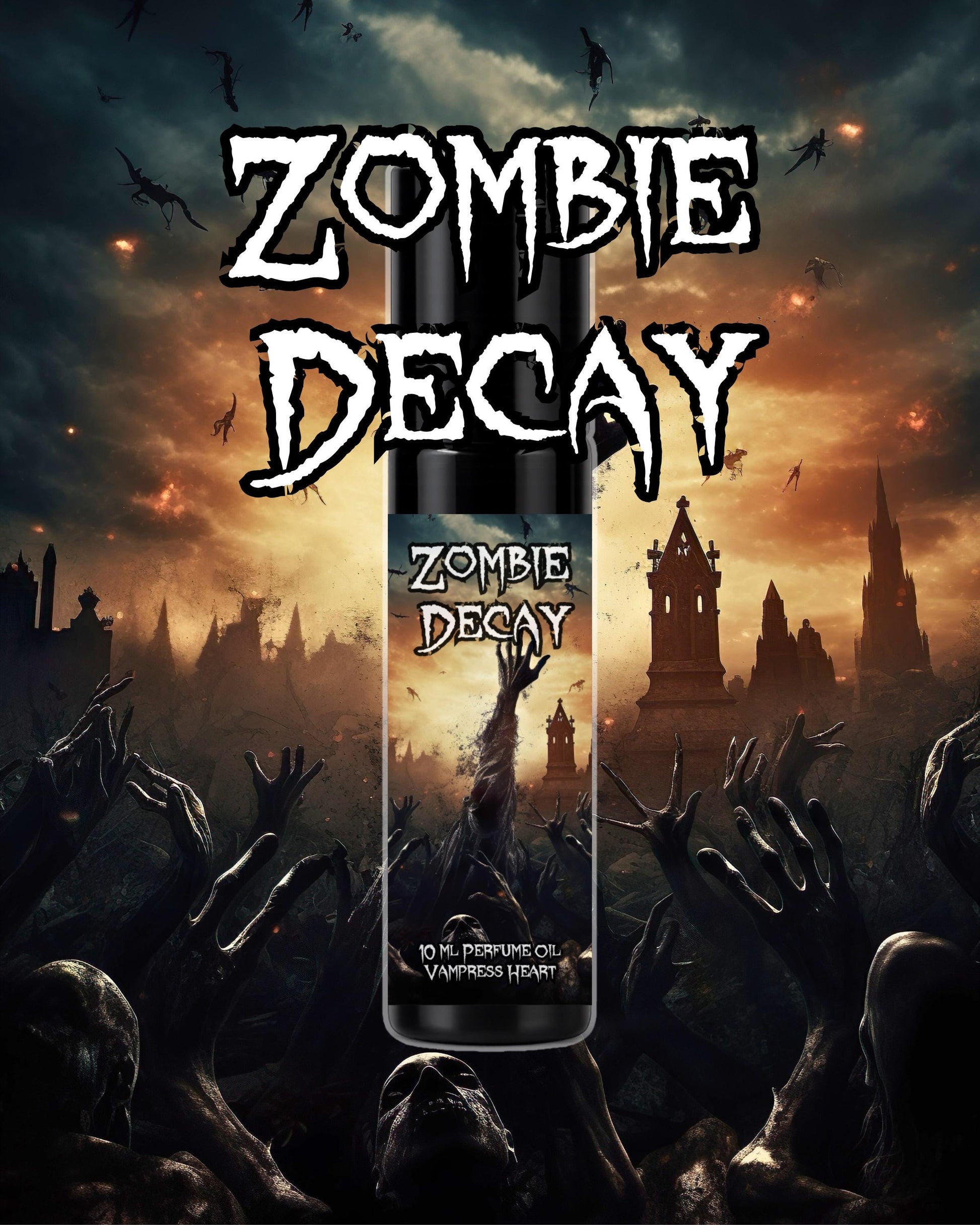 ZOMBIE DECAY Halloween Rollerball Perfume Oil with Blood, Metal, Charred Ashes, Flesh, and Dirt.