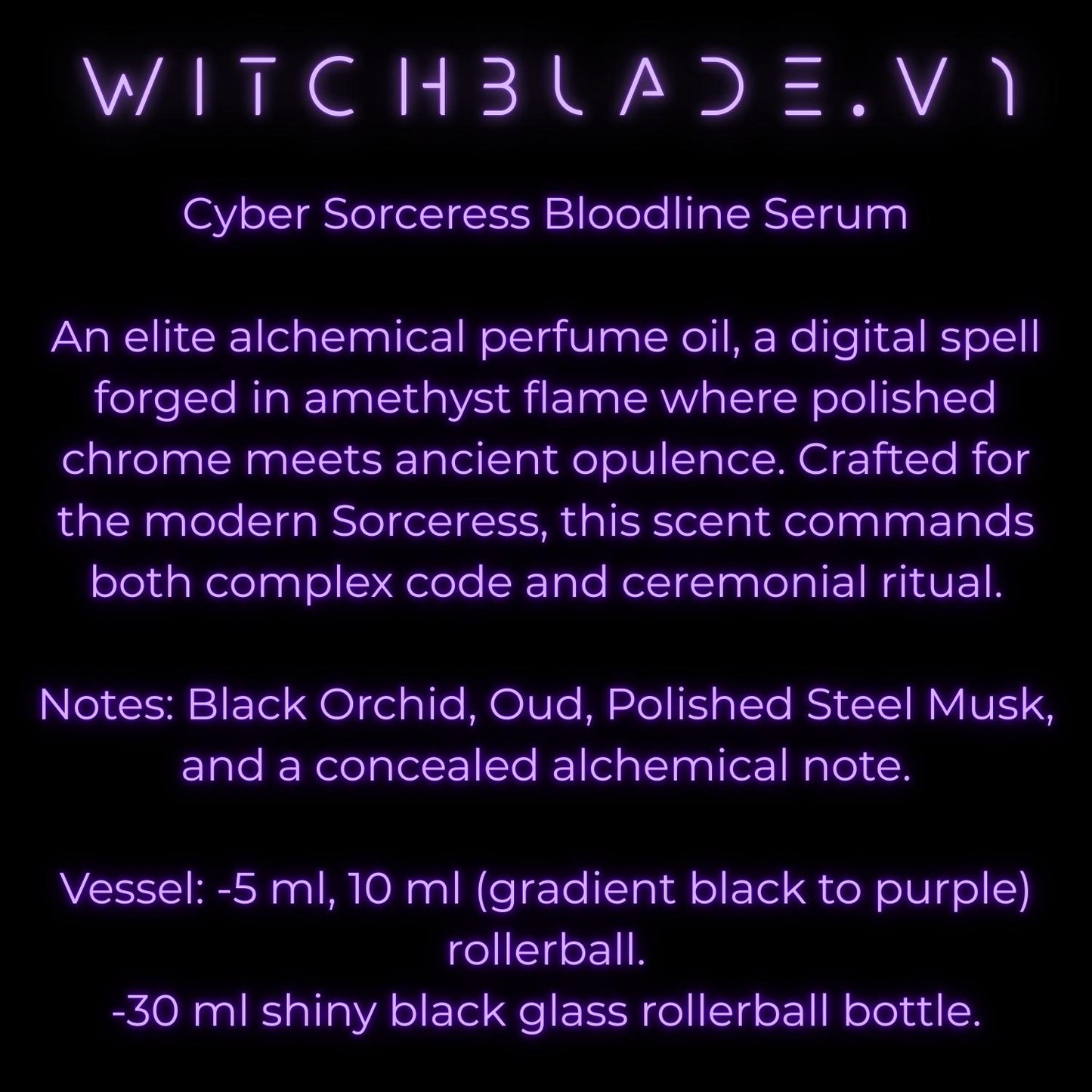 WITCHBLADE.V1: Cyber Sorceress Perfume Oil | Black Orchid Oud, Polished Steel Musk, Gothic Luxury Fragrance Rollerball