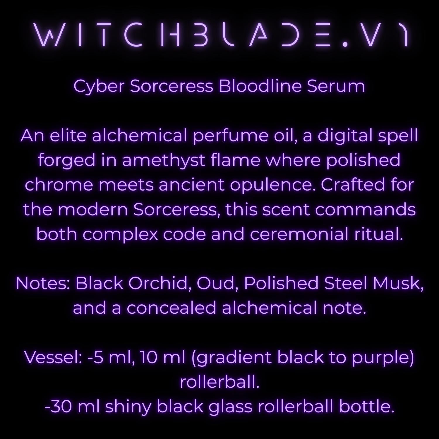 WITCHBLADE.V1: Cyber Sorceress Perfume Oil | Black Orchid Oud, Polished Steel Musk, Gothic Luxury Fragrance Rollerball