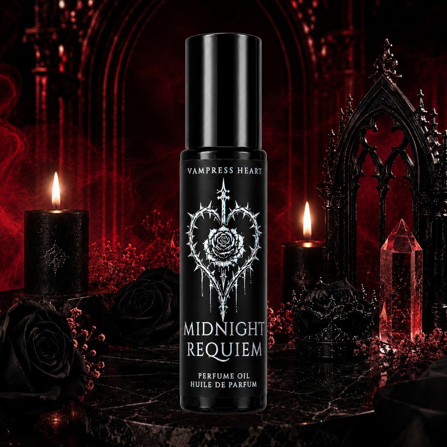 Midnight Requiem – Crushed Velvet, Candlelit Orchid & Patchouli Smoke – Perfume Oil Rollerball – Gothic Dark Floral Perfume