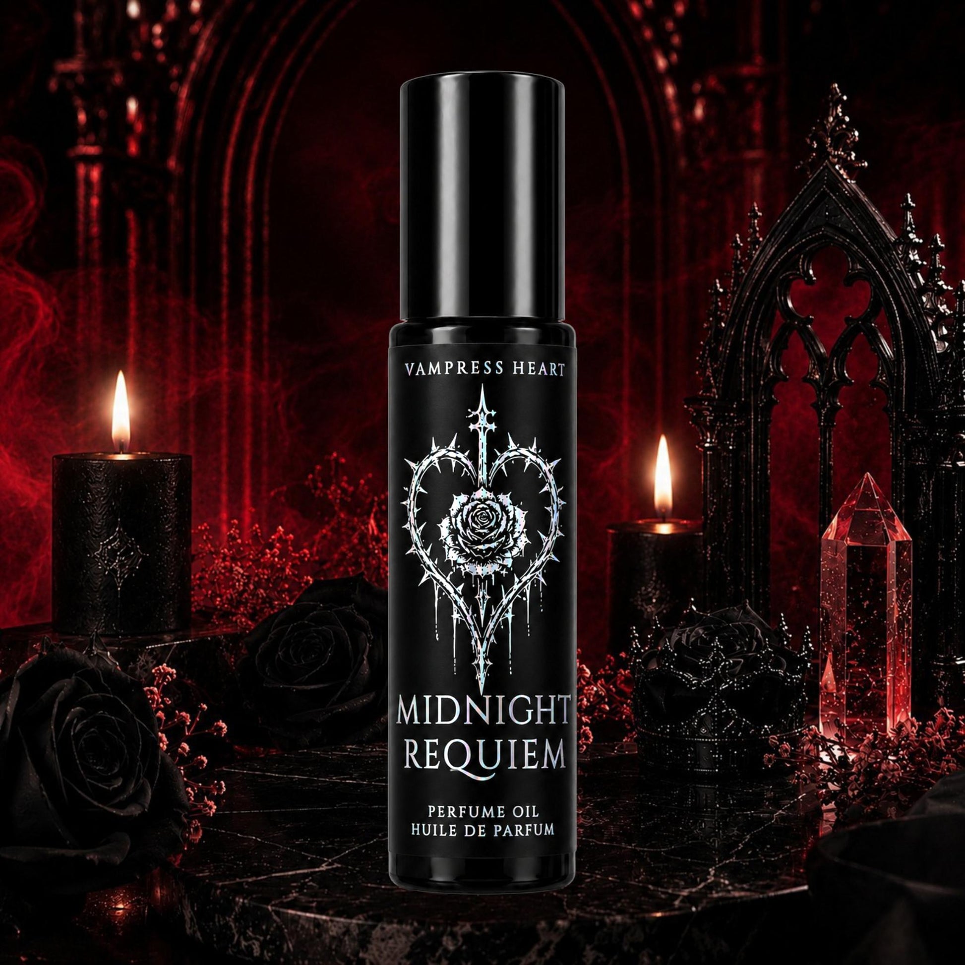Midnight Requiem – Crushed Velvet, Candlelit Orchid & Patchouli Smoke – Perfume Oil Rollerball – Gothic Dark Floral Perfume